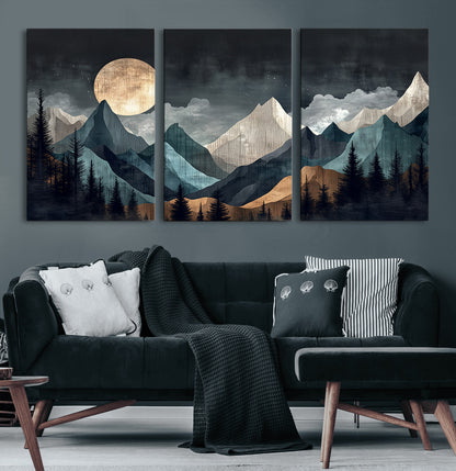 Stylized canvas of layered mountains under a full moon in neutral moody tones, ideal for nature-inspired or modern rustic interiors.