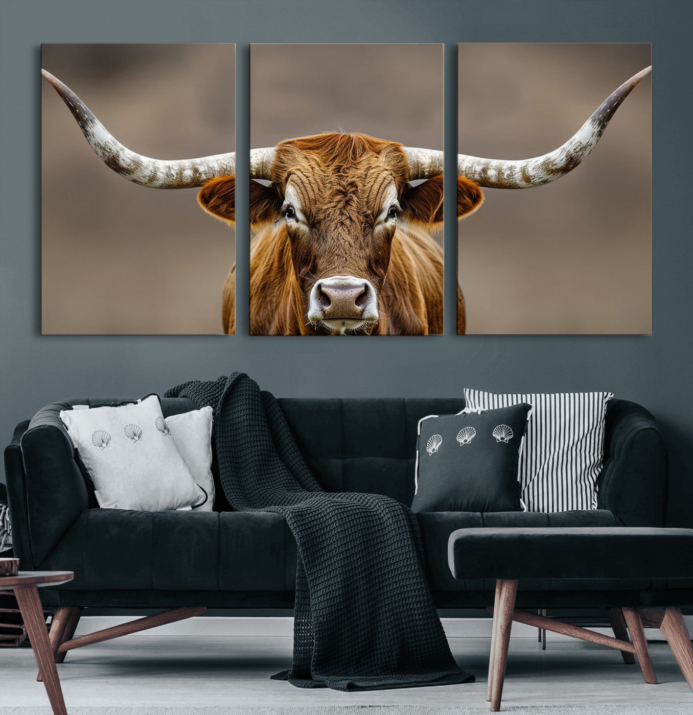 Close-up of a Texas Longhorn with strong curved horns and warm brown tones, perfect for rustic or western-style wall decor.