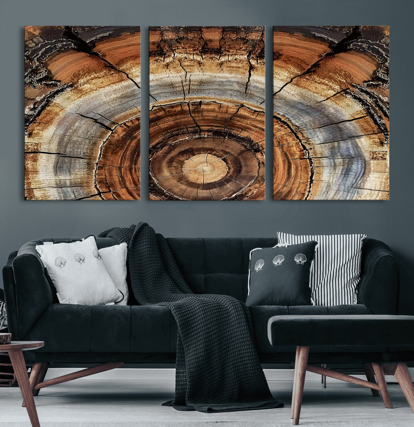 Canvas of tree rings and natural wood grain in earthy tones, ideal for rustic or vintage-inspired home decor with organic textures.