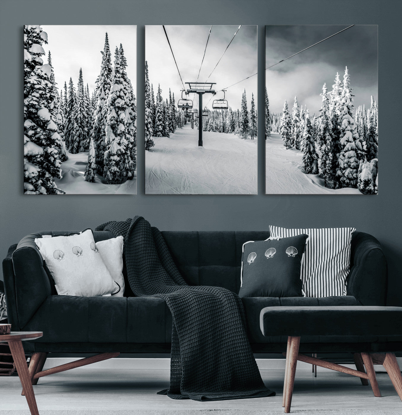 Canvas of a snowy ski lift scene through a forest of tall pine trees, ideal for moody winter or alpine-themed home decor.
