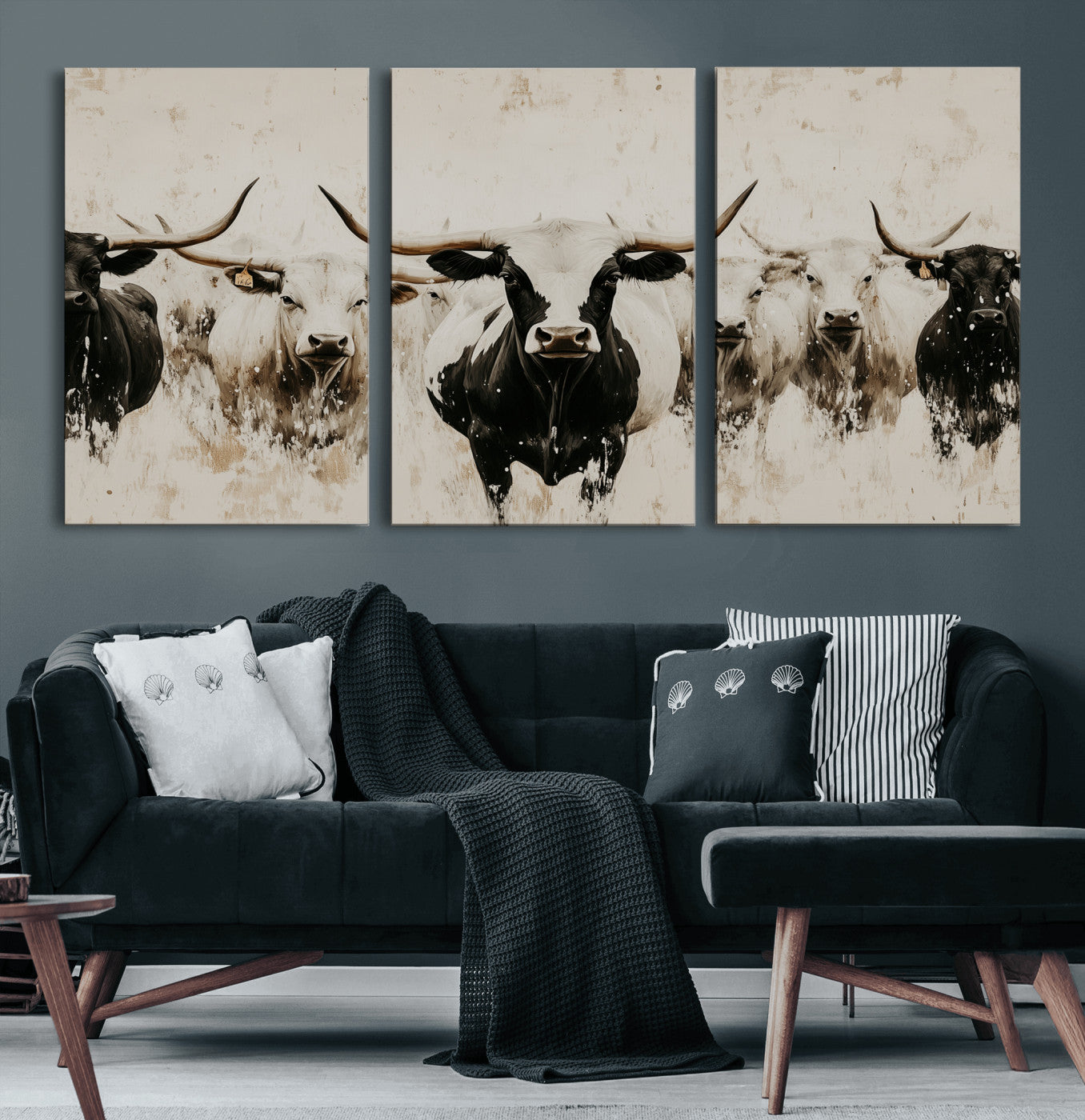 Illustrated herd of longhorn cattle in black and white tones with a neutral textured background, perfect for rustic or farmhouse-style decor.