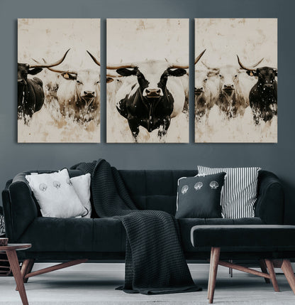 Illustrated herd of longhorn cattle in black and white tones with a neutral textured background, perfect for rustic or farmhouse-style decor.