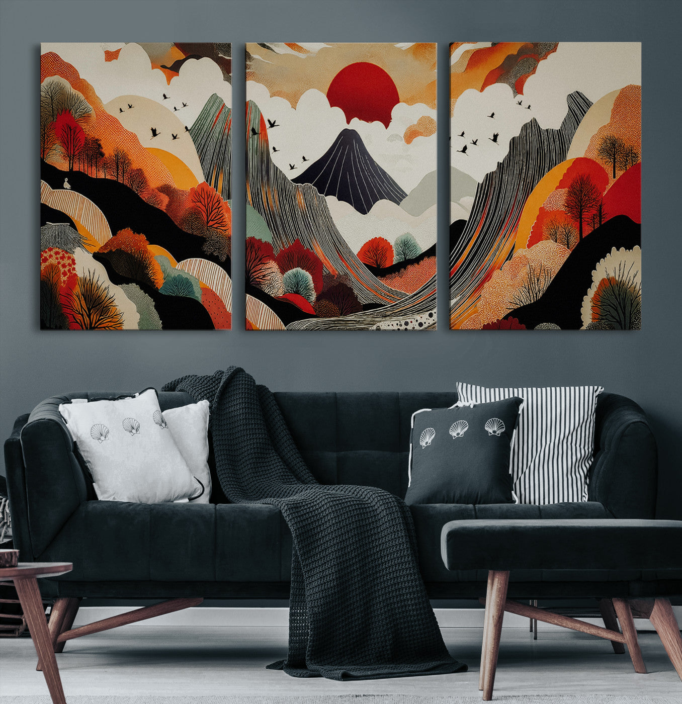Abstract Mountain Wall Art Canvas Print, Vibrant Landscape Print, Framed Stylized Nature Drawing Art Print, Large Sunset Mountains Printing Perfect for Contemporary Minimalist Decor