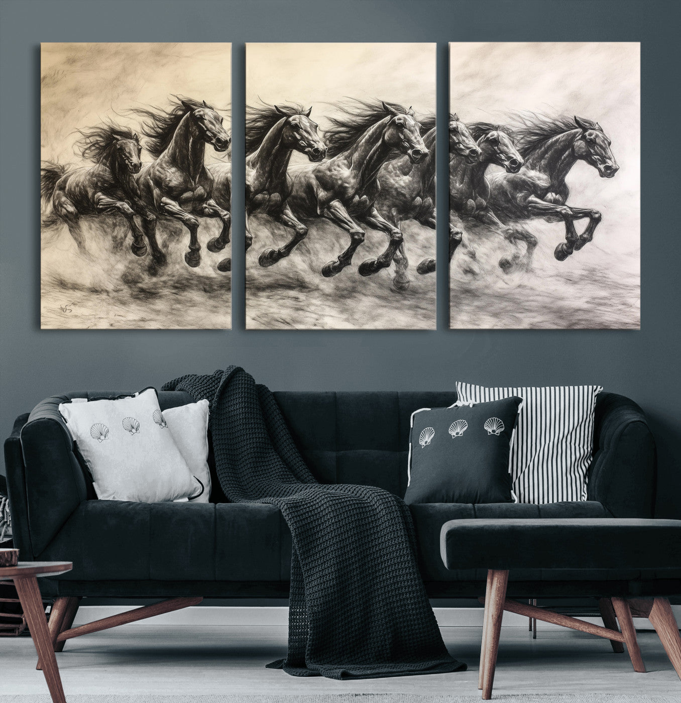 Monochrome drawing of a herd of galloping horses, perfect for dynamic and wild-themed decor in any equestrian or nature-inspired room.