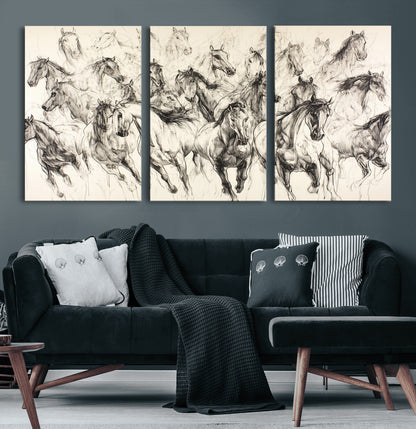 Monochrome ink sketch of galloping horses in dynamic motion, perfect for western or equine-themed wall decor with bold artistic energy.