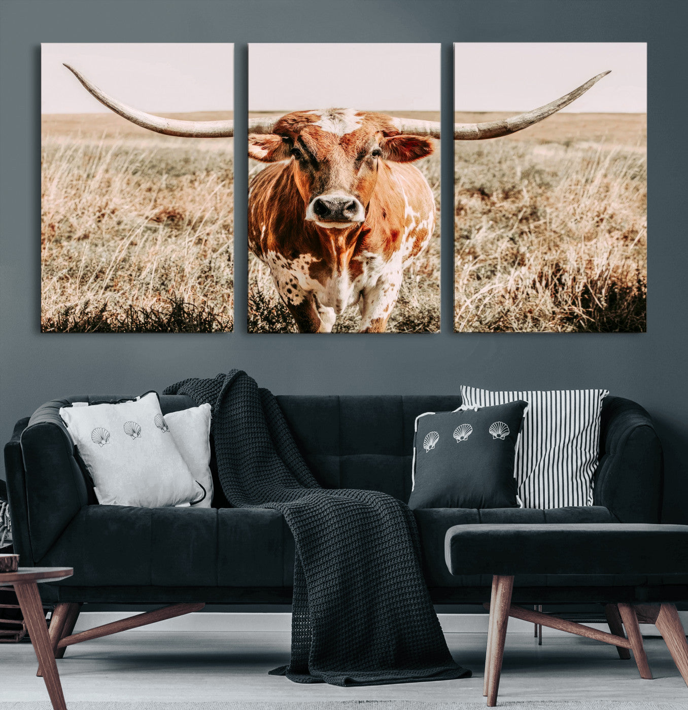 Framed longhorn cow canvas wall art with rustic prairie background, western animal print perfect for farmhouse or ranch style decor