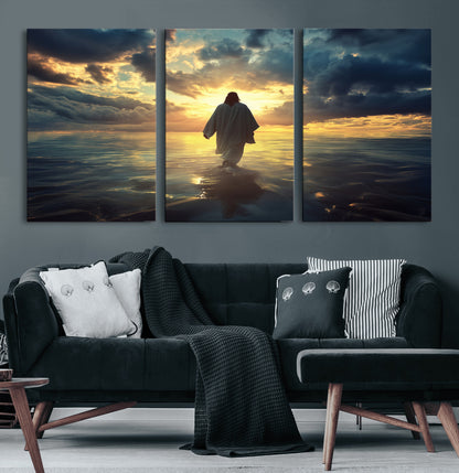 Spiritual artwork of Jesus walking on water at golden hour with divine light, ideal for Christian home decor or prayer room.