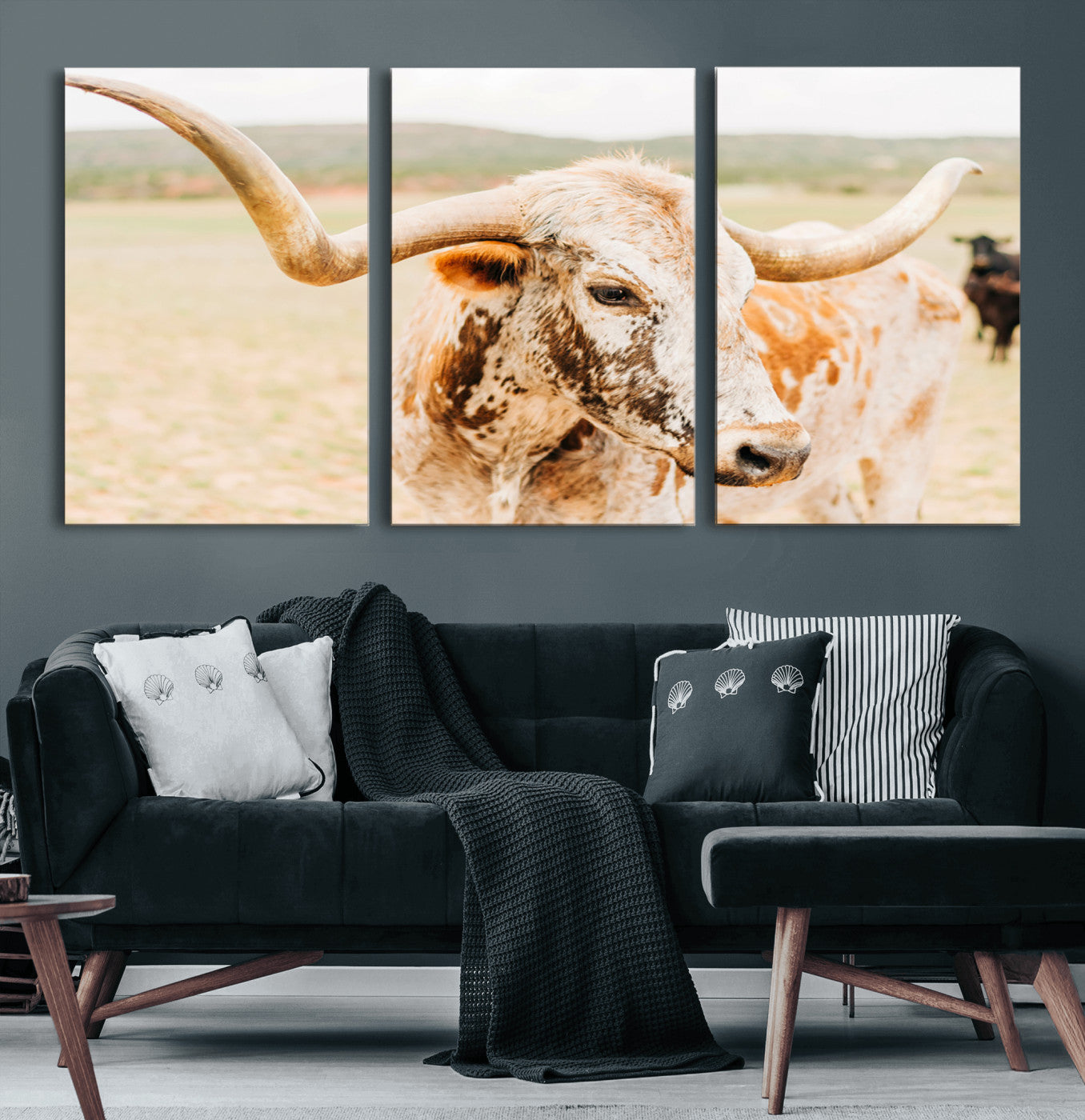 Close-up of a speckled Texas Longhorn in warm prairie tones, perfect for rustic western or countryside-themed room decor.