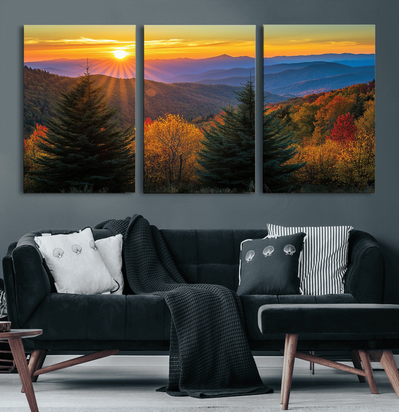 Vibrant sunset over autumn mountains with colorful trees and warm light, ideal for nature lovers or cabin-style wall decor.