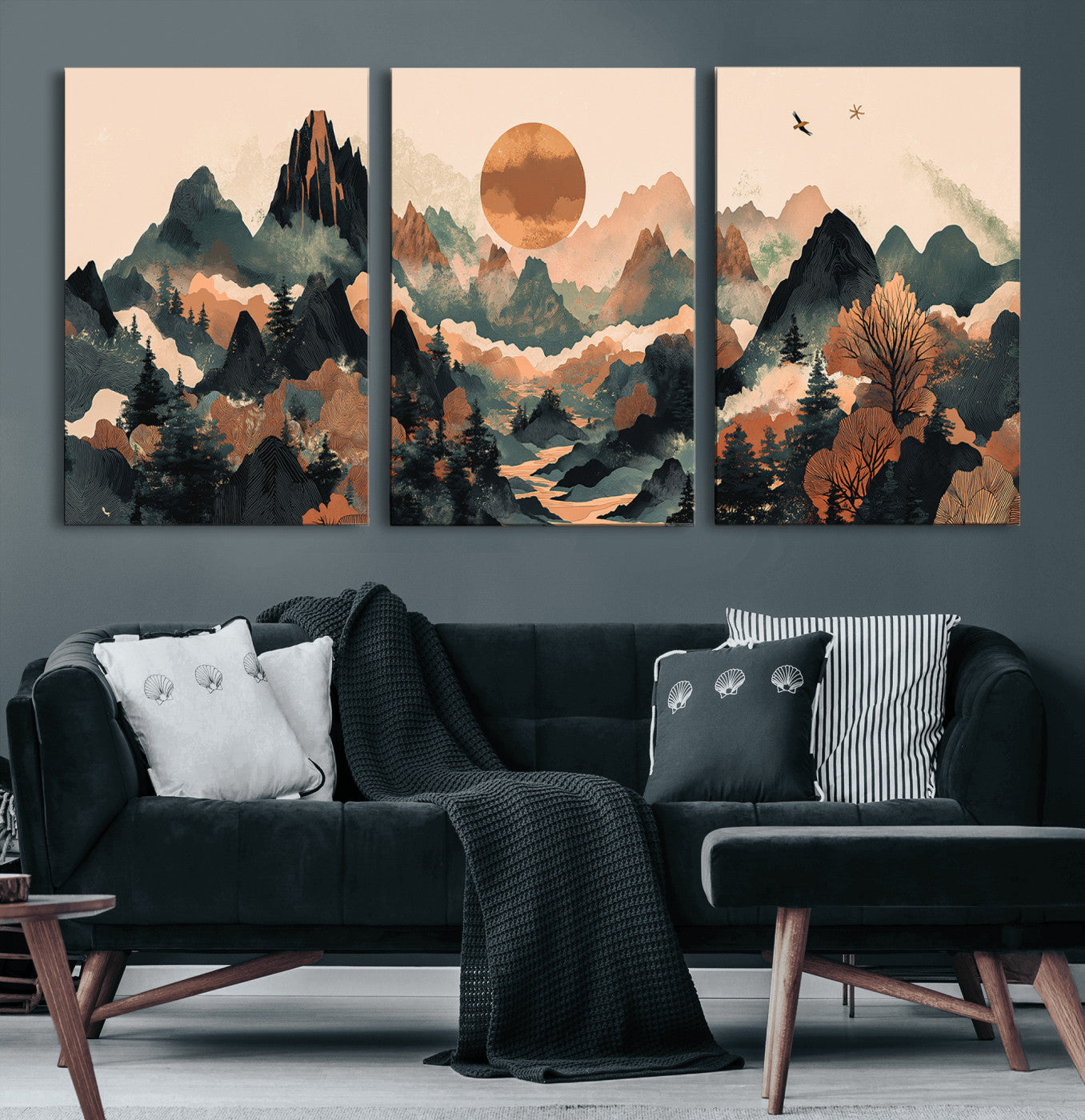 Mountain Landscape Wall Art Print - Sunset Hills Canvas Print, featuring an abstract nature scene with earthy tones and misty peaks, perfect for boho and modern decor.