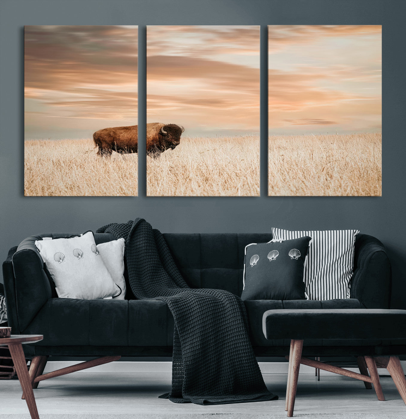 Bison Wall Art Print - Buffalo Canvas Print, featuring a lone bison in a golden prairie under a warm sunset sky, perfect for rustic and farmhouse decor.