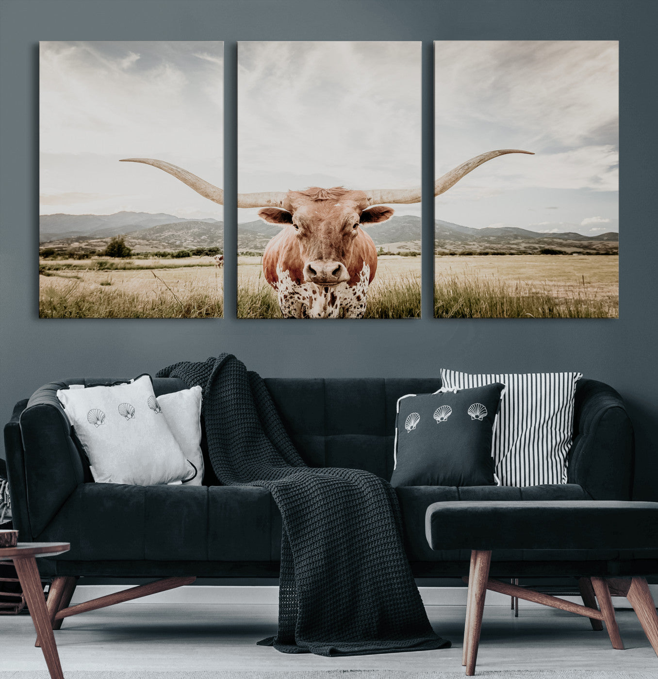 Longhorn Wall Art Print - Western Cow Canvas Print, featuring a majestic Texas longhorn in a rustic prairie setting, perfect for farmhouse and western decor.
