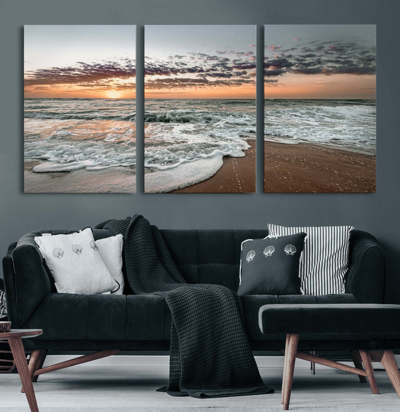 Ocean Sunset Wall Art Print - Beach Waves Canvas Print, featuring a serene seascape with golden sunlight reflecting on gentle waves, perfect for coastal and minimalist decor.