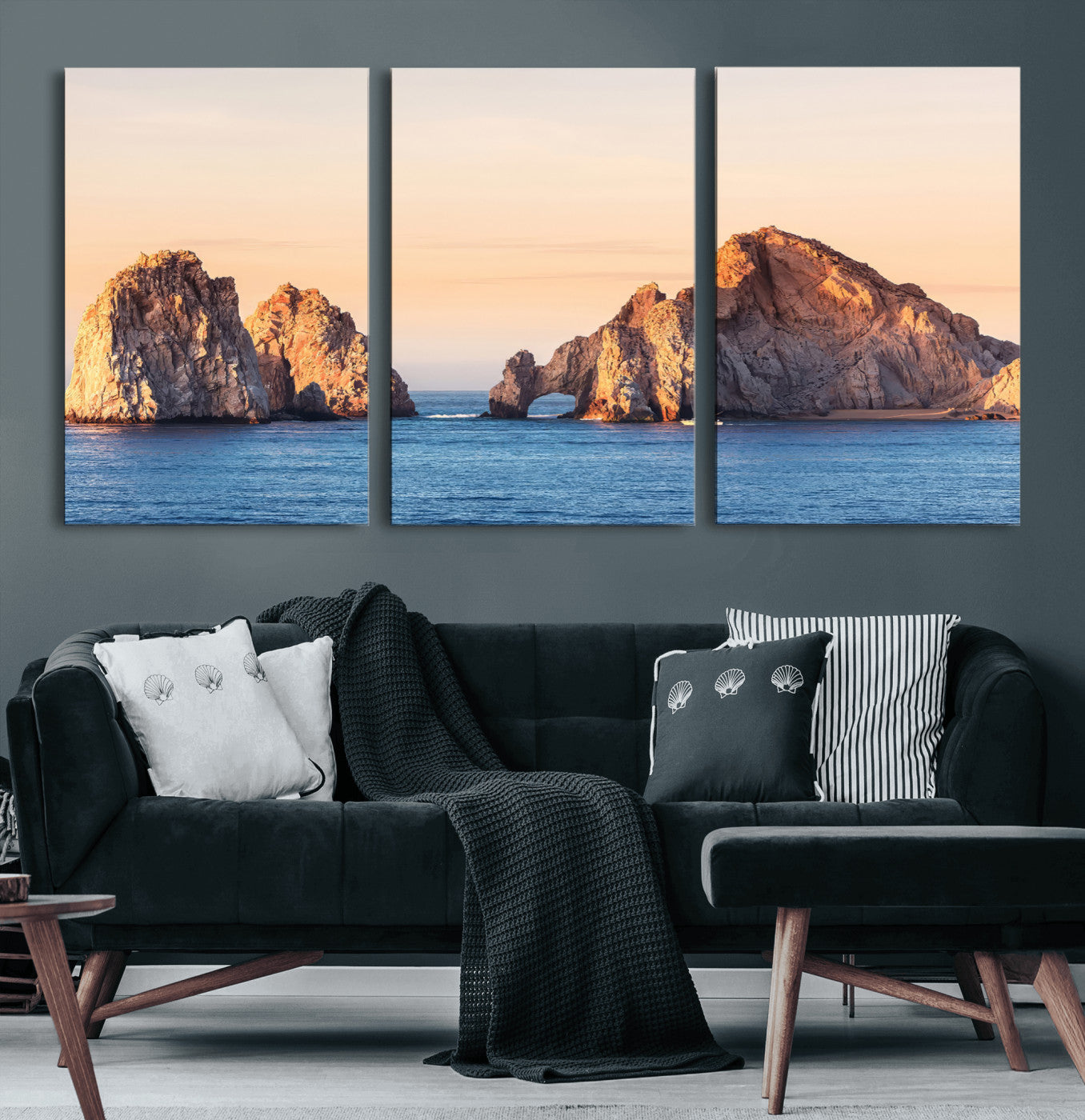 Framed canvas of El Arco rock formation in Cabo San Lucas at golden hour, ideal for coastal landmark or ocean-inspired decor.