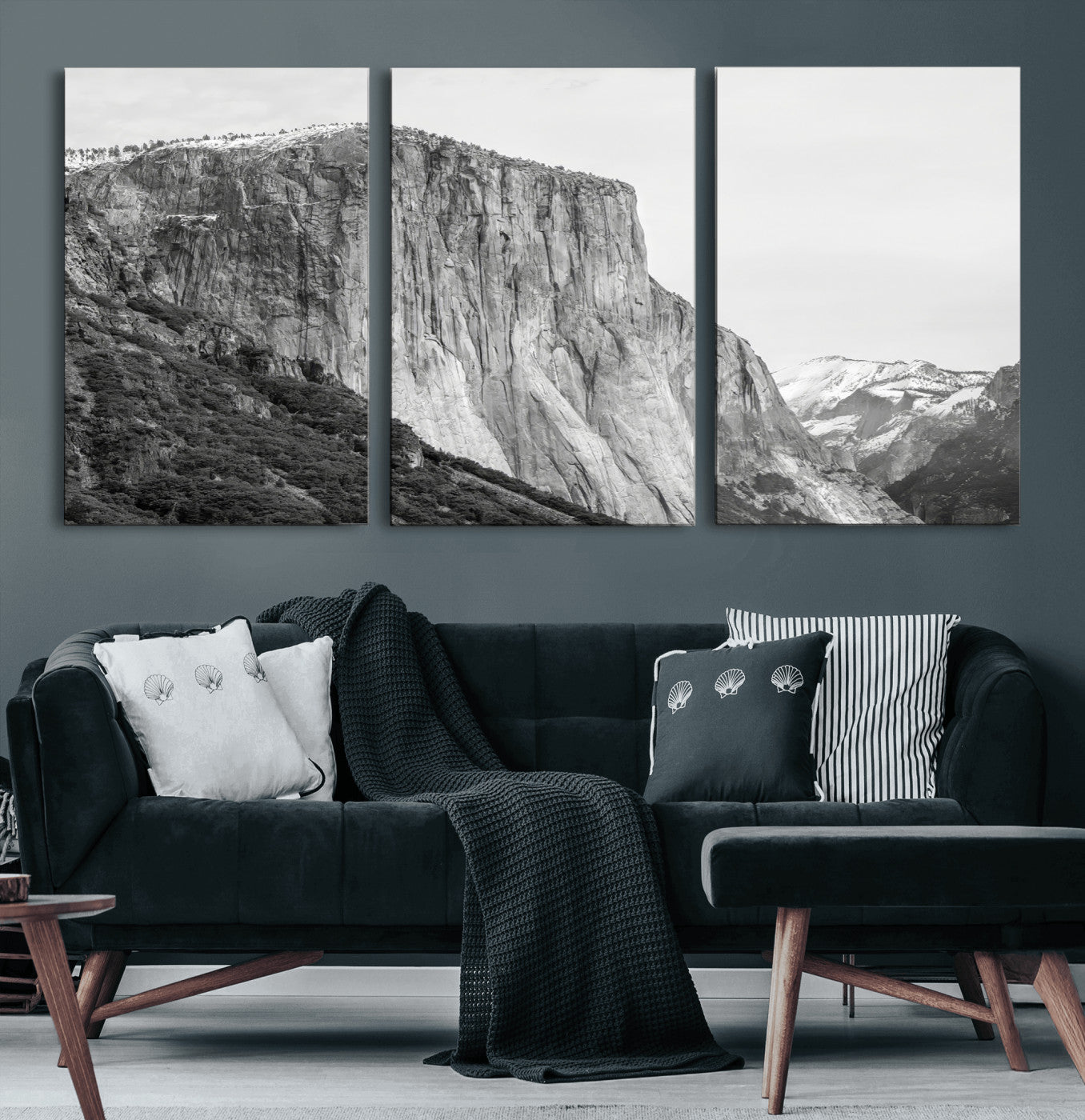 Monochrome canvas of El Capitan’s granite wall in Yosemite with snowy peaks, ideal for dramatic mountain or black-and-white nature decor.