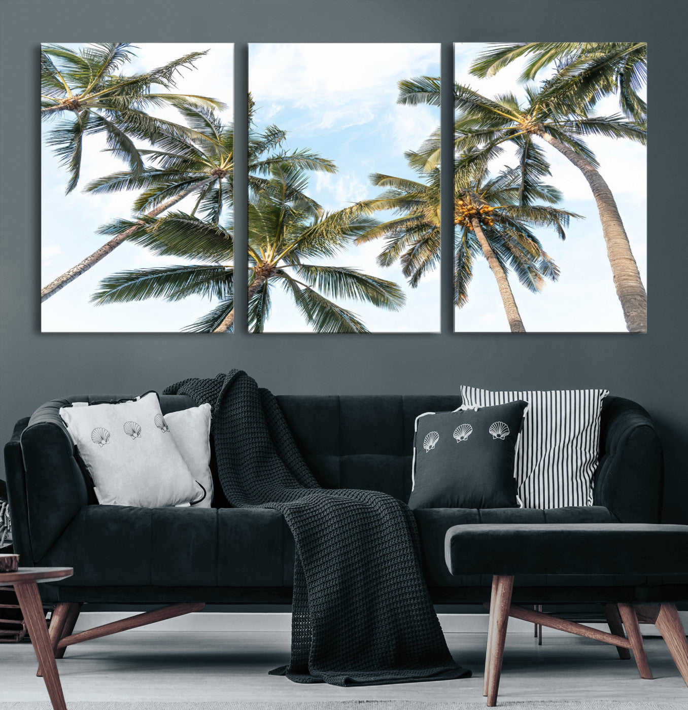 Framed canvas of tall palm trees reaching into a tropical sky, ideal for beach home or relaxed island-inspired wall decor.