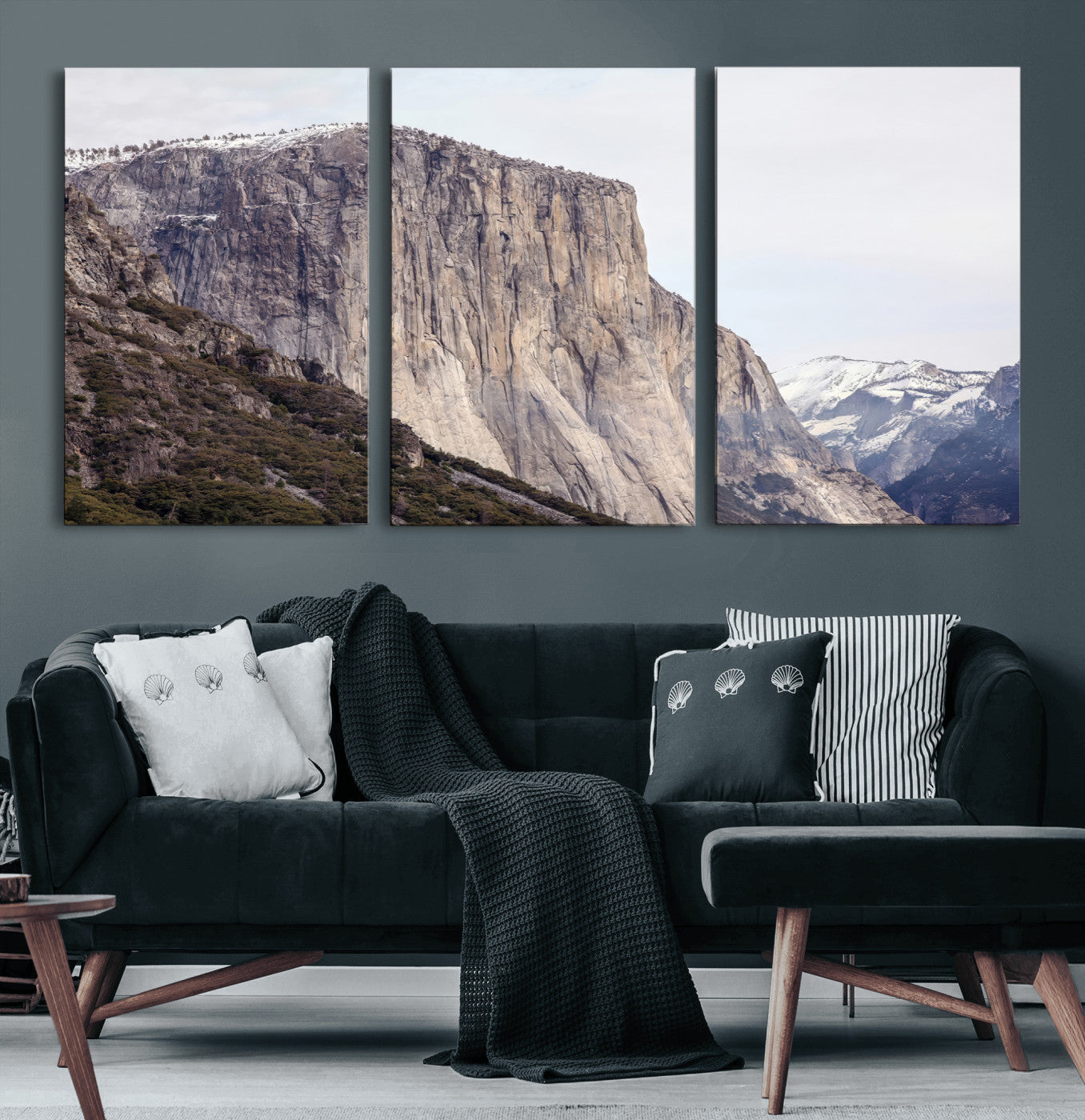 Framed canvas of El Capitan’s vertical granite face in Yosemite with snowy peaks, ideal for Sierra minimalism or mountain-inspired decor.