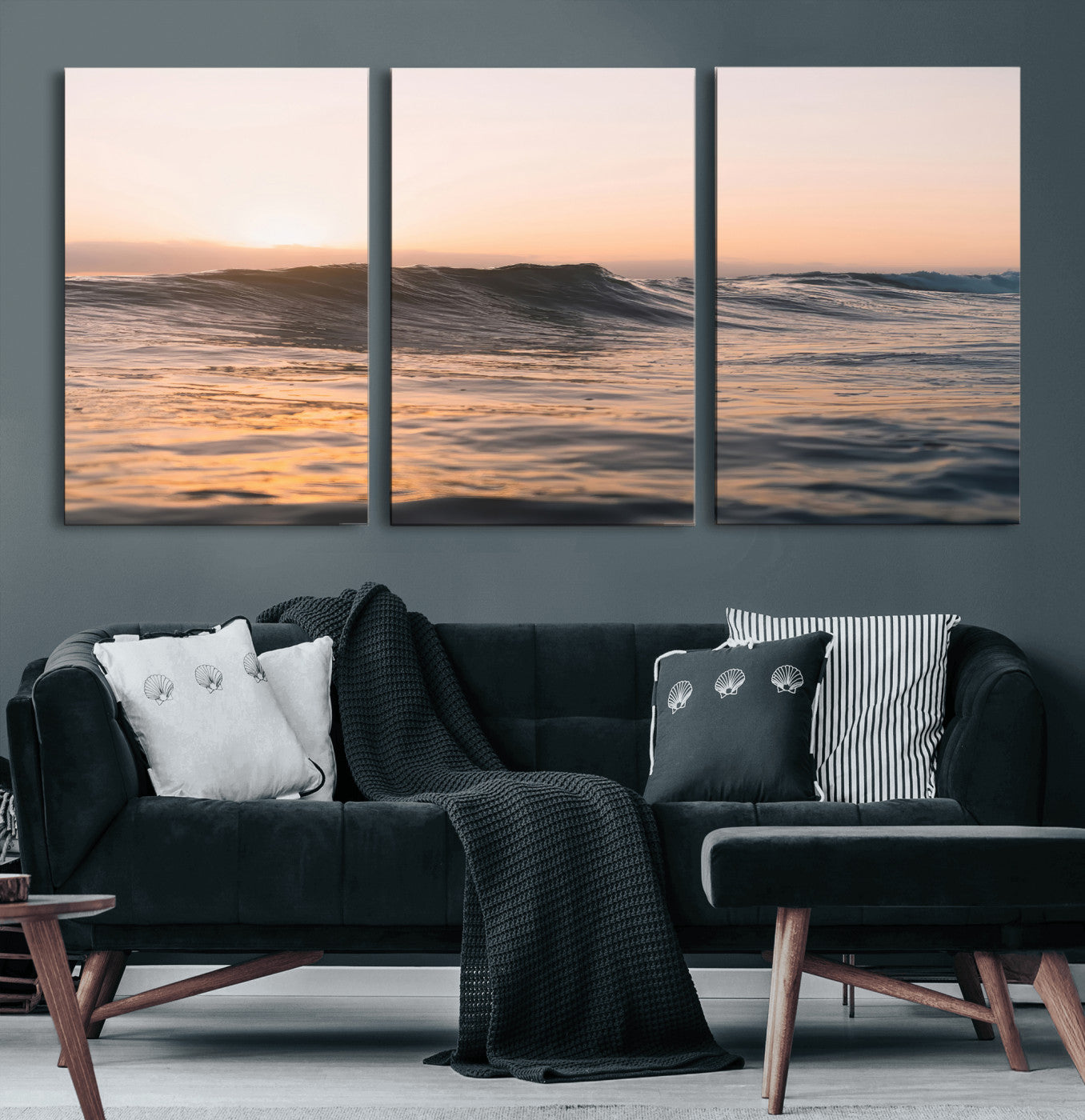 Framed canvas of ocean waves glowing in sunset light, ideal for golden hour calm or peaceful coastal-inspired wall decor.