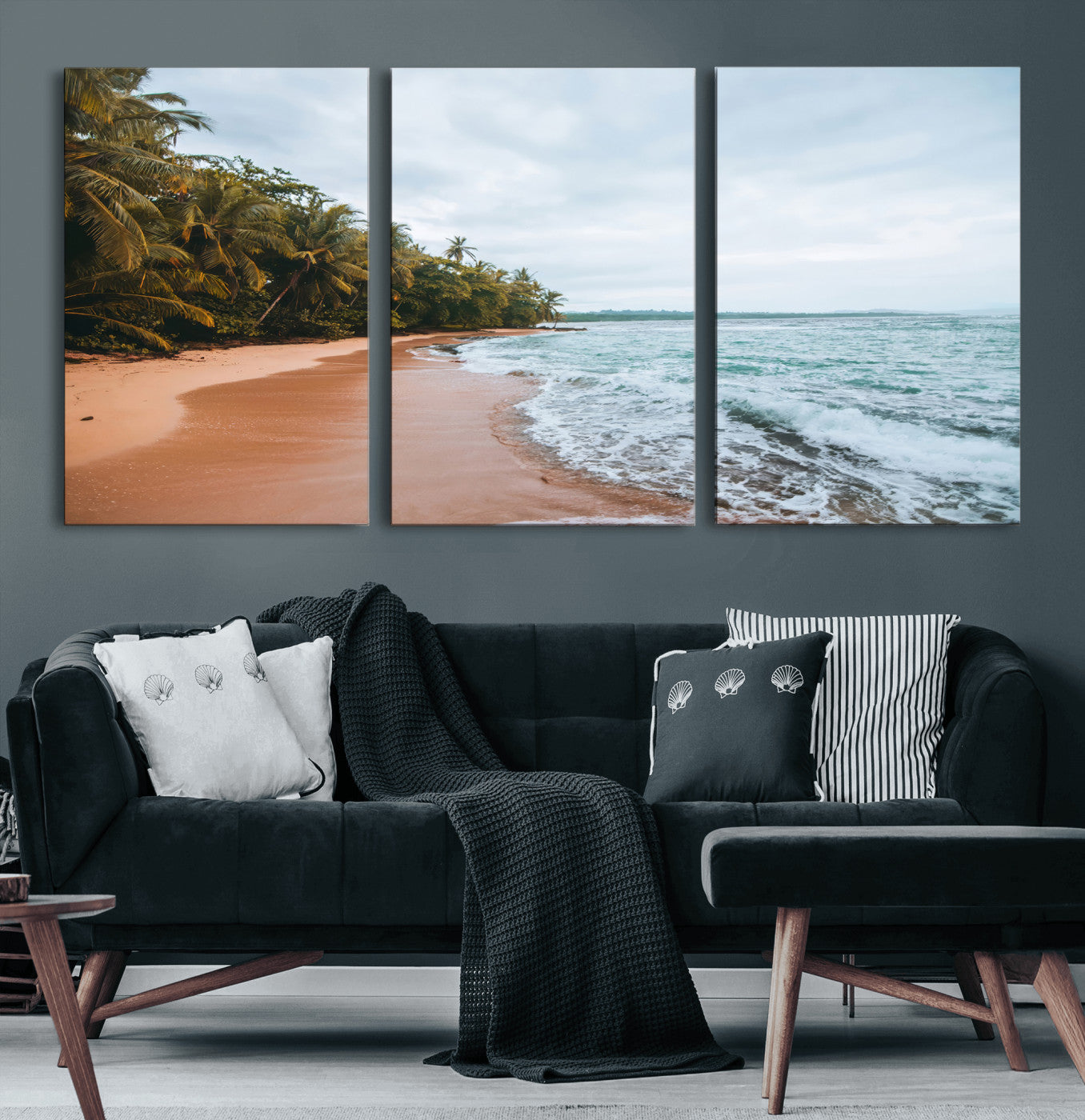 Framed canvas of a tropical beach with palm trees and soft waves, ideal for coastal escape or serene nature-inspired home decor.