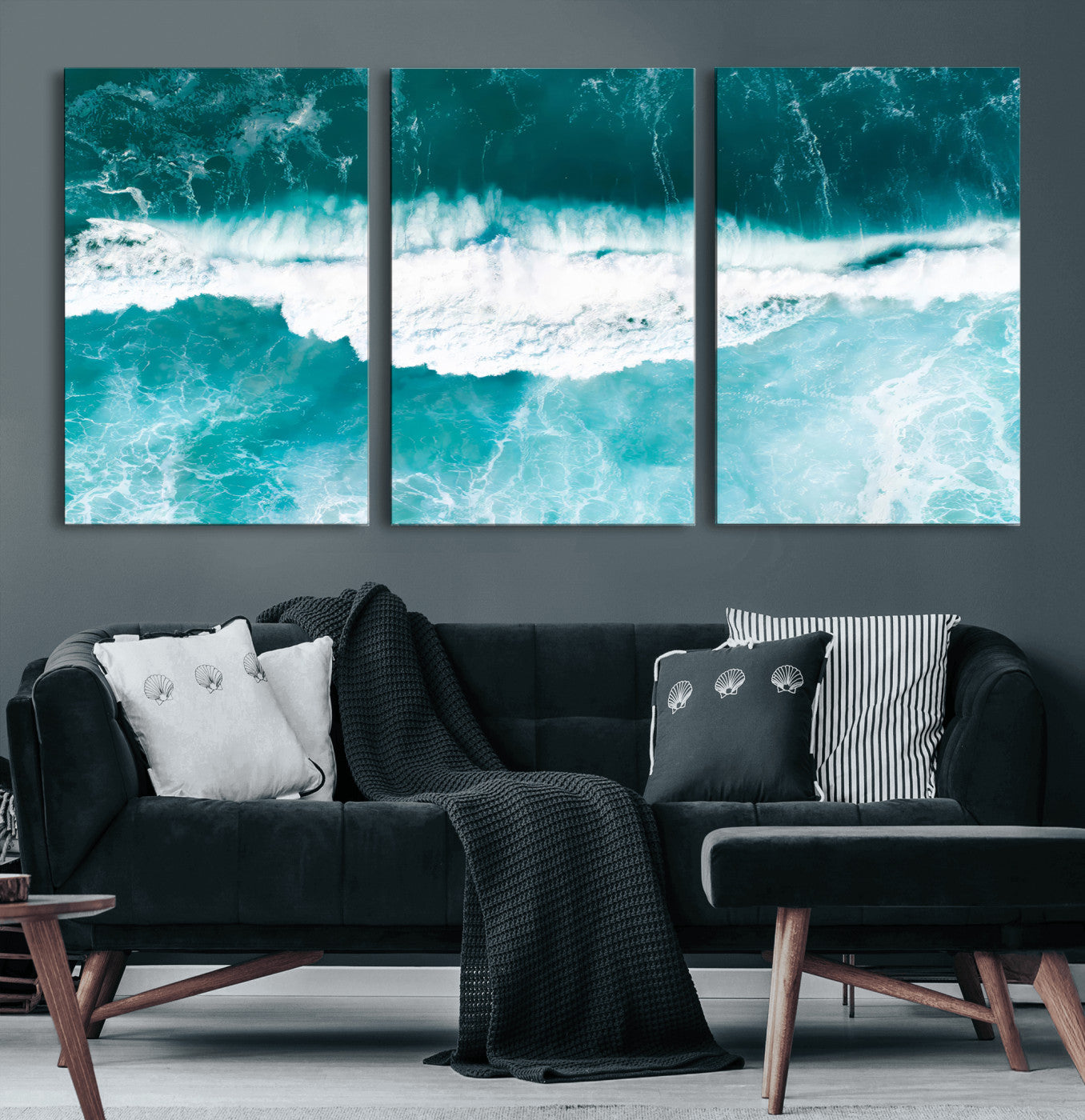Aerial view of turquoise ocean waves crashing with white foam, perfect for tropical coastal or modern beach-style home decor.