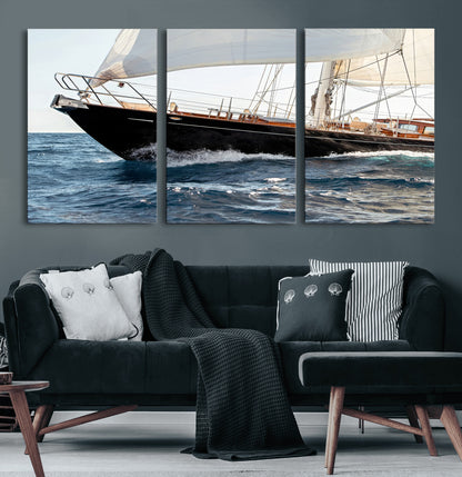 Close-up of a classic sailing yacht with wooden deck and full sails, perfect for nautical or coastal-style decor in ocean-themed spaces.