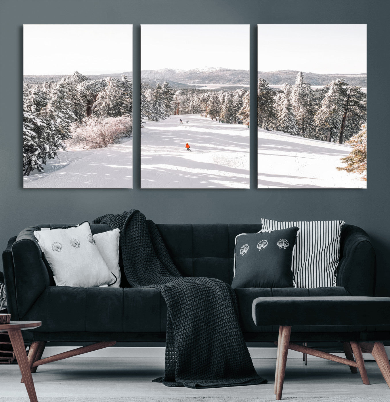 Bright ski trail lined with snow-covered pines and a skier in orange, perfect for alpine adventure or winter sports-inspired decor.