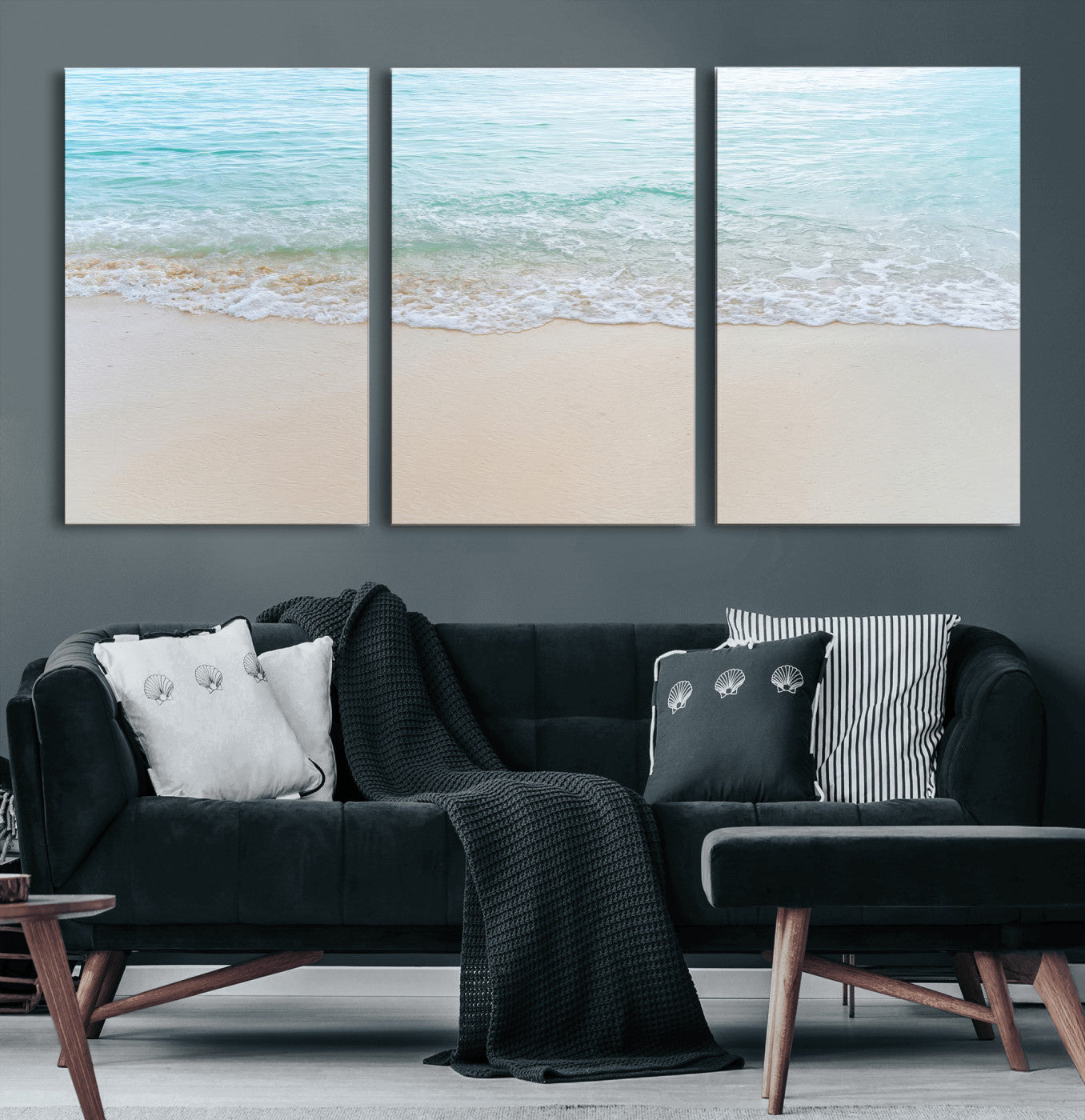 Soft shoreline with gentle aqua waves on smooth sand, ideal for minimalist coastal or pastel ocean-inspired home wall decor.