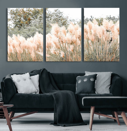 Soft pastel pampas grasses in a natural setting, ideal for neutral boho or rustic botanical-style interior wall decoration.
