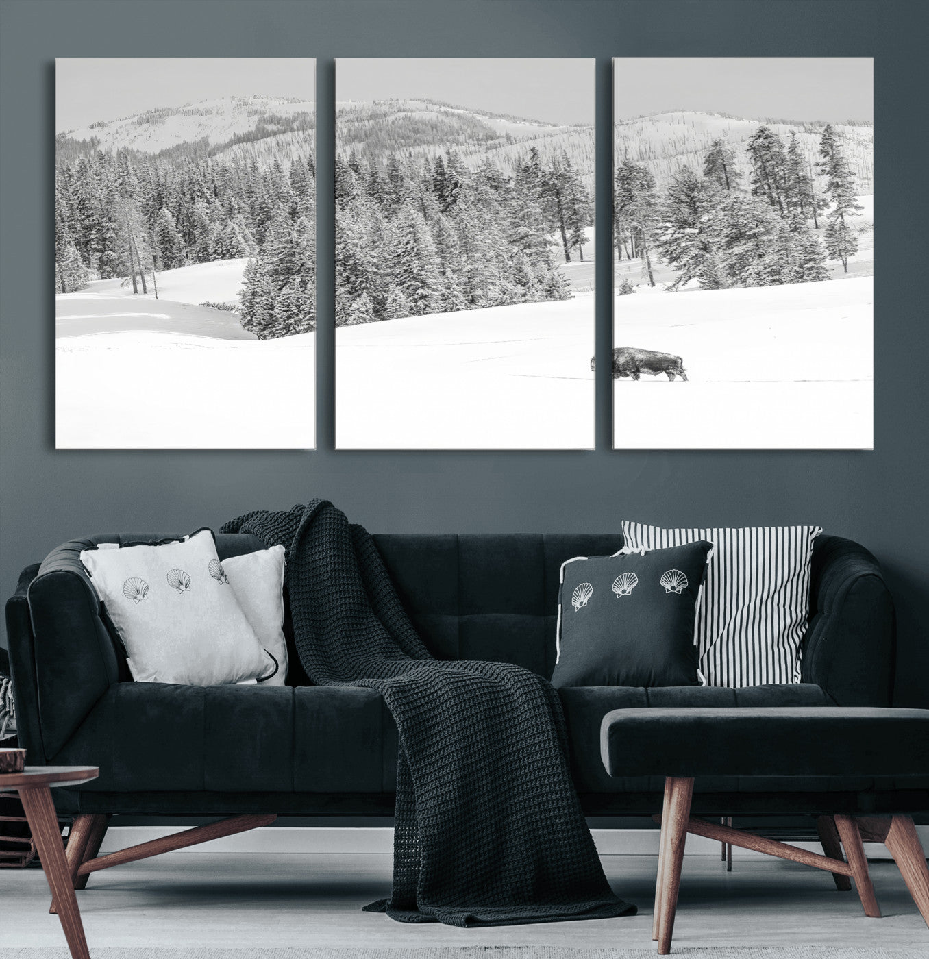 Snowy bison walking through white forest landscape, ideal for monochrome winter or wilderness-style interior wall decoration.