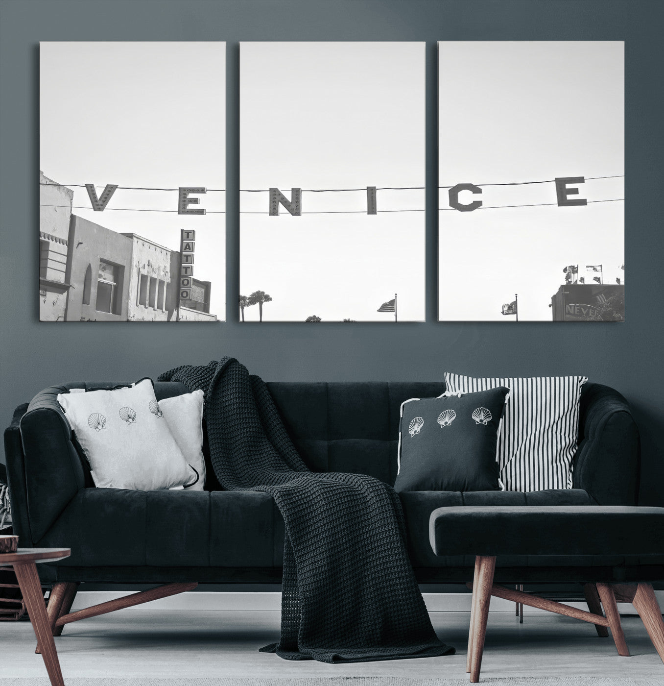 Black and white photo of Venice Beach sign and palm-lined street, perfect for urban coastal or minimalist LA-inspired wall decoration.