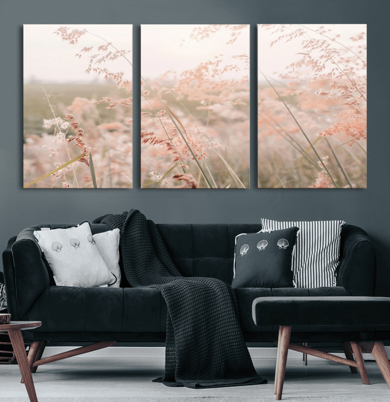 Soft pastel field with wild grasses in warm light, ideal for minimal nature or airy countryside-inspired interior wall decoration.