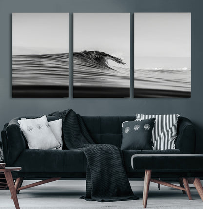 Striking black and white photo of a curling wave, ideal for modern coastal or minimalist wall decor settings.