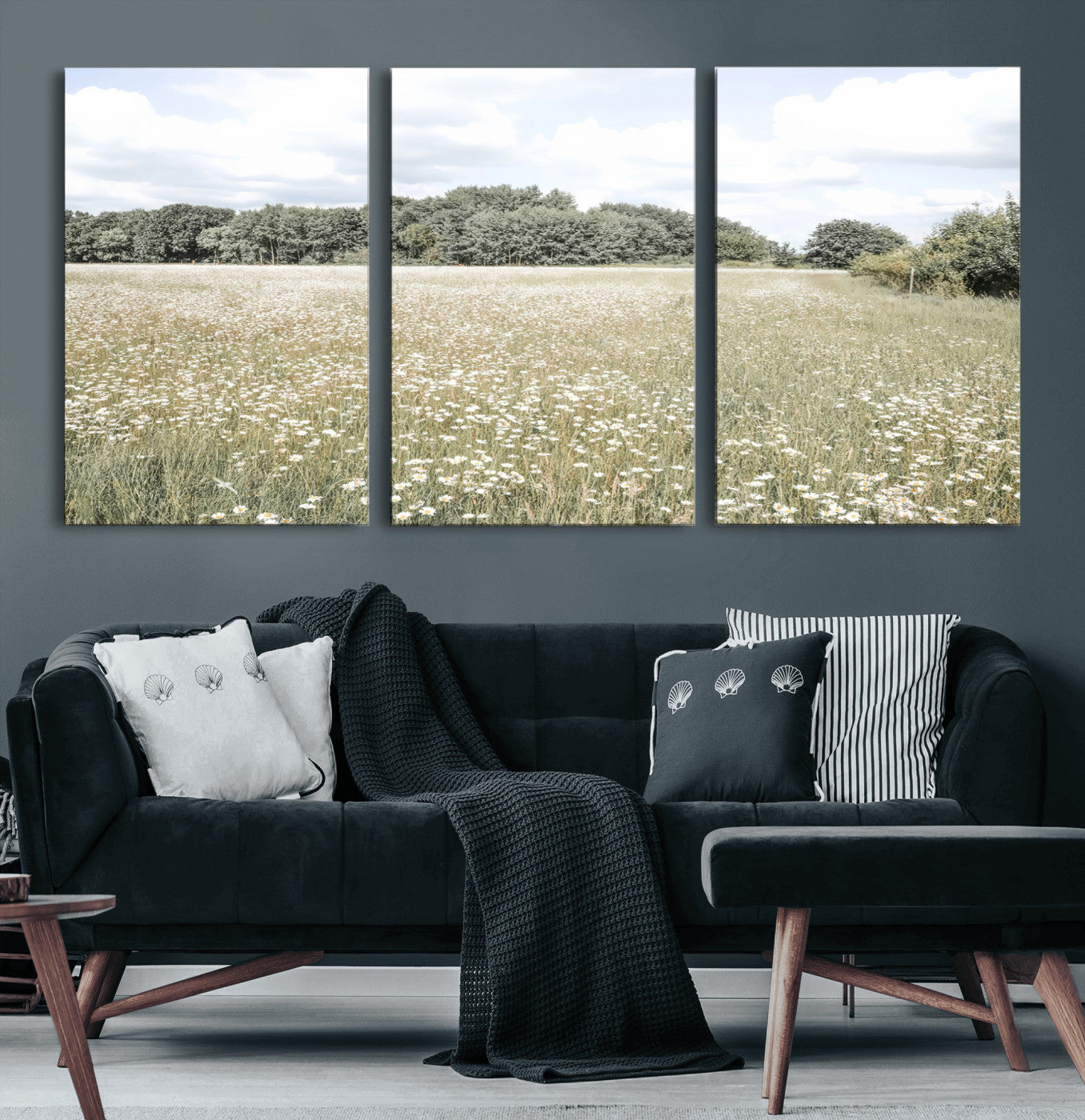 Soft-toned image of a wild daisy field under a cloudy sky, ideal for neutral or Scandinavian-inspired home decor.
