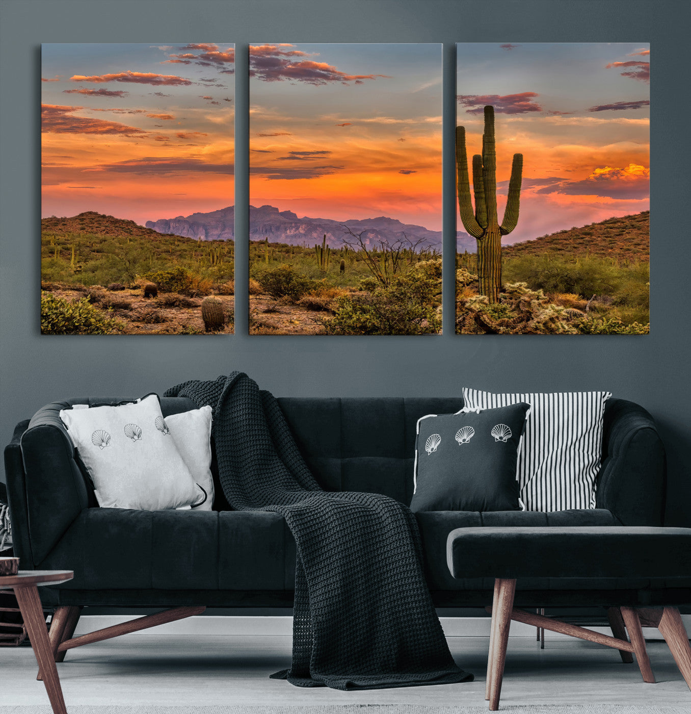 Vibrant desert sunset with saguaro cacti and distant mountains, perfect for Southwestern or warm-toned home decor.