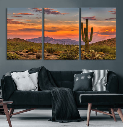 Vibrant desert sunset with saguaro cacti and distant mountains, perfect for Southwestern or warm-toned home decor.