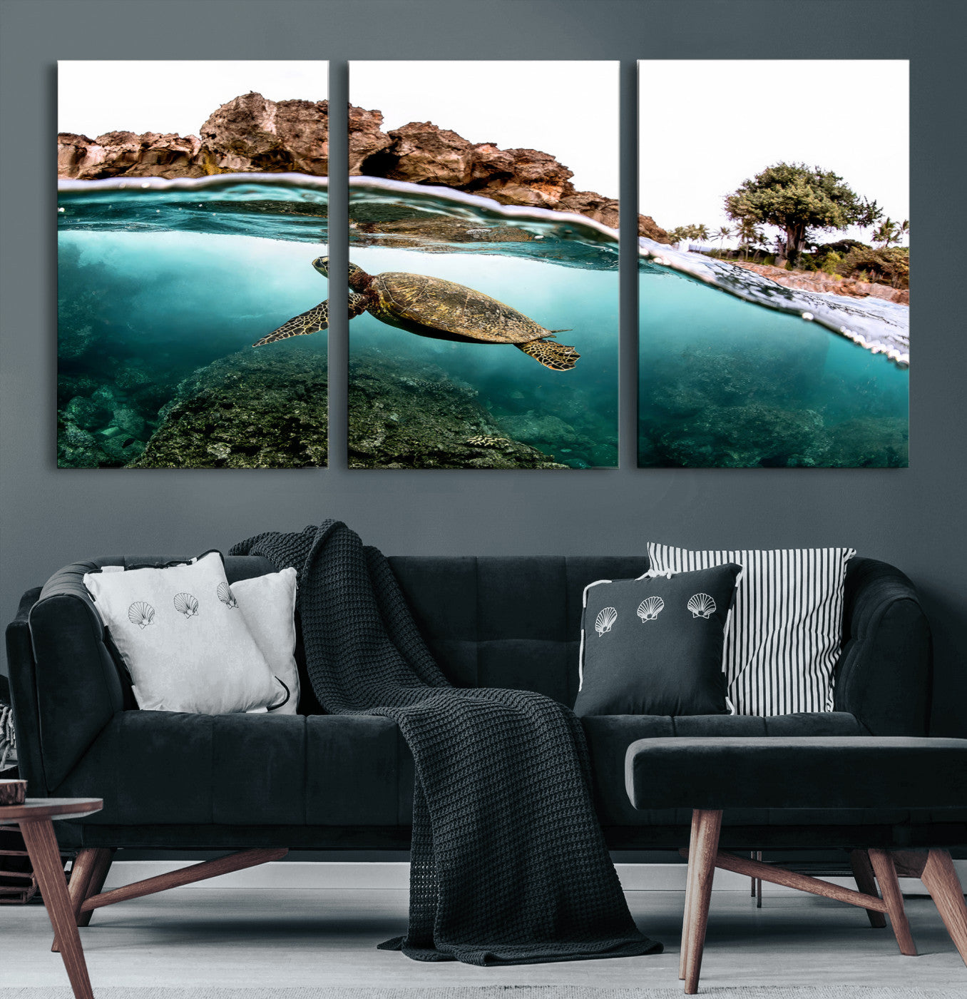Dynamic split-view photo of a sea turtle swimming near rocky shores, perfect for vibrant coastal or tropical beach home decor.