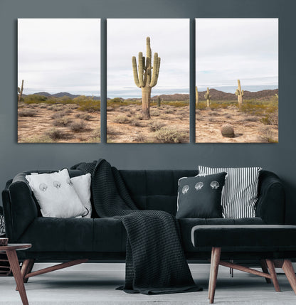 Canvas of a saguaro cactus in an earthy Sonoran desert landscape, ideal for Southwestern Boho or desert minimalism inspired home decor.   2/2