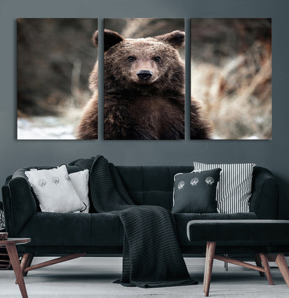 Canvas of a brown bear in soft earthy tones and moody forest light, ideal for rustic cabin or woodland nature-themed home decor.
