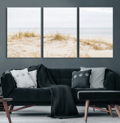 Canvas of soft beach dunes and coastal grasses in neutral tones, perfect for Scandinavian coastal or minimalist nature-inspired home decor.   2/2