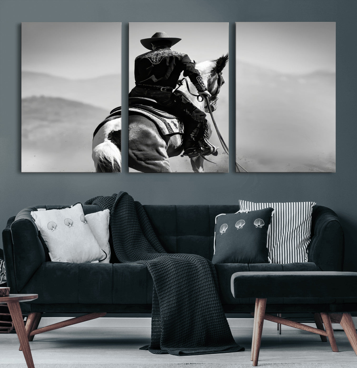Black and white canvas of a cowboy on horseback with moody tones, perfect for rustic western or country-inspired home decor.