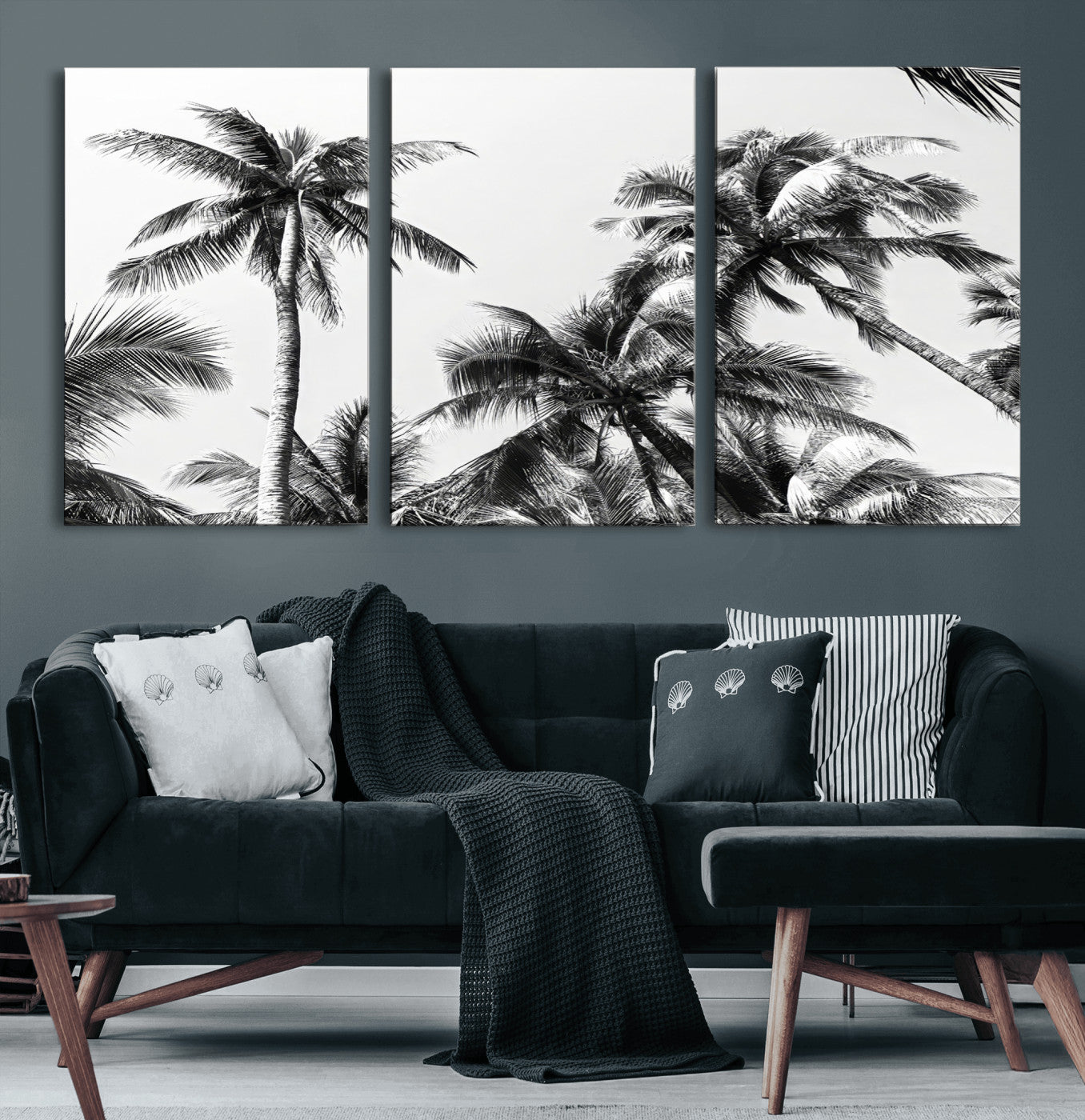 Black and white canvas of tall palm trees in moody tones, perfect for modern tropical minimalist or coastal-style home decor.