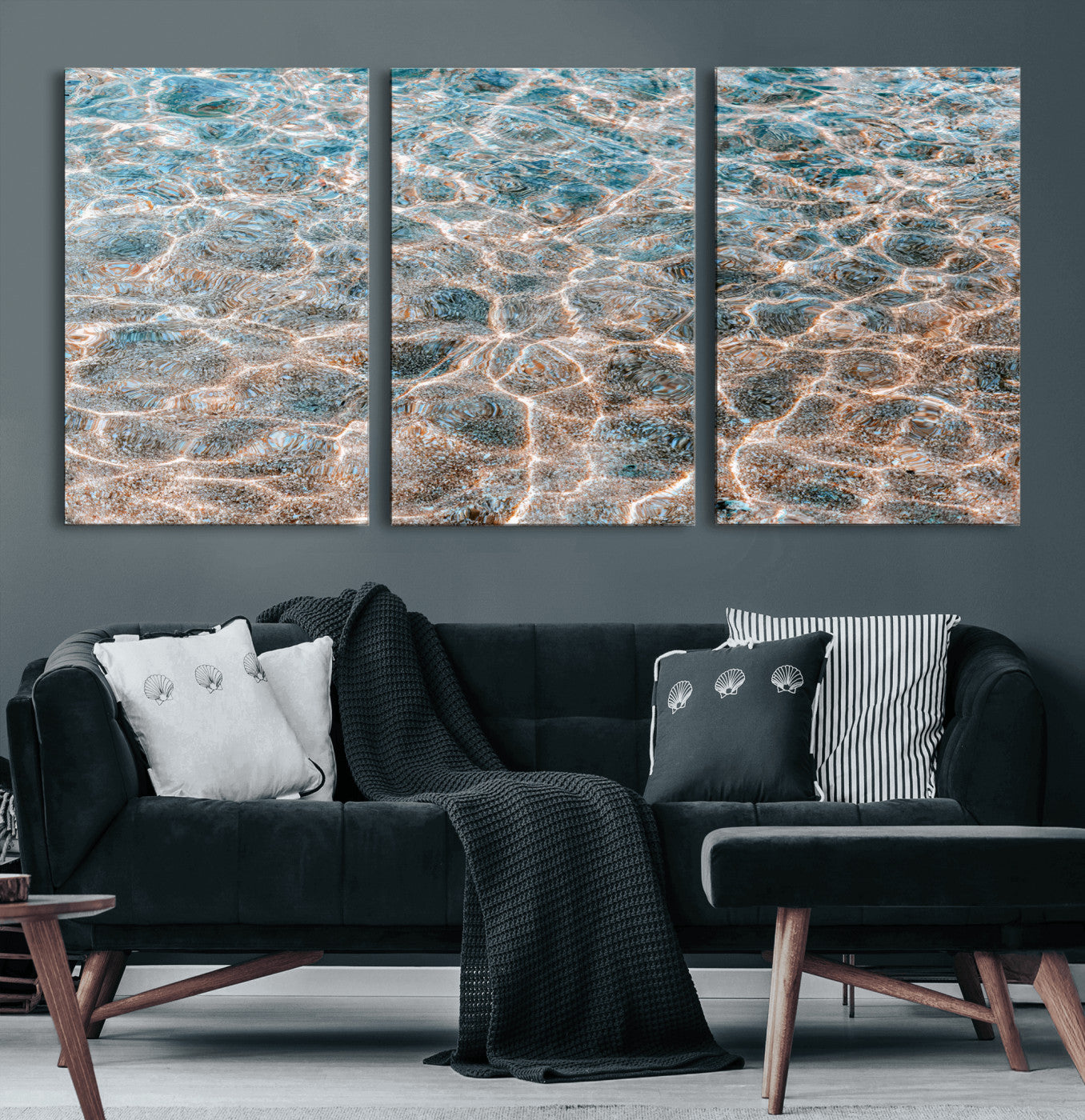 Close-up of sunlit ocean ripples with aqua blue and golden tones, ideal for modern coastal or minimalist home decor.
