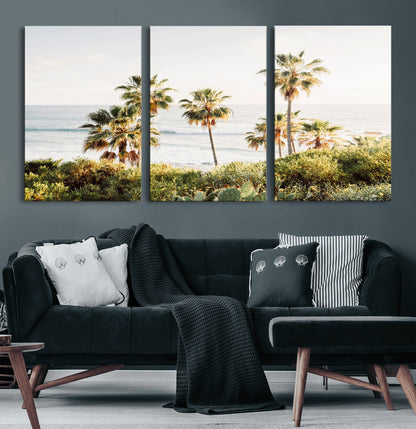 Framed print of sunlit palm trees on the California coast with warm tones, perfect for coastal minimalist or beach-style home decor.