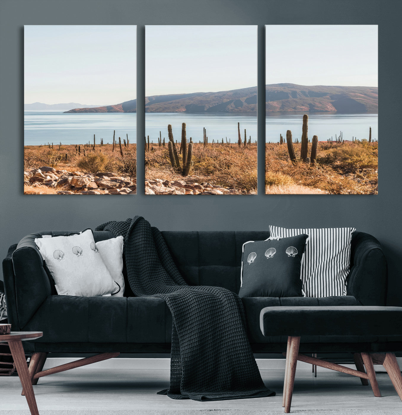 Warm desert landscape with cacti and coastal mountains, perfect for southwestern or earthy calm-themed home wall decor.