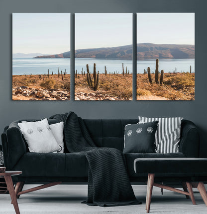 Warm desert landscape with cacti and coastal mountains, perfect for southwestern or earthy calm-themed home wall decor.