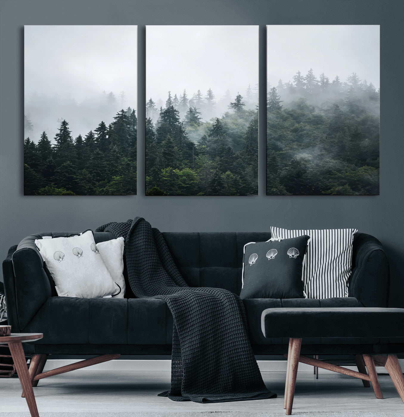 A misty evergreen forest shrouded in soft fog, creating a tranquil and moody landscape with lush green trees fading into the distance.