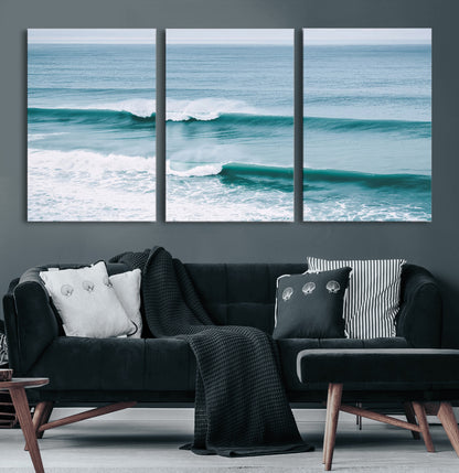 Powerful ocean waves rolling towards the shore, their turquoise hues blending with white sea foam under an open horizon, capturing the essence of the ocean's movement.
