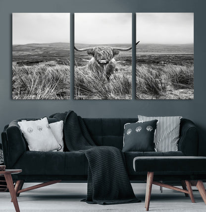 A black and white portrait of a Highland cow in a foggy Scottish countryside, capturing a rustic aesthetic and tranquil farm escape.