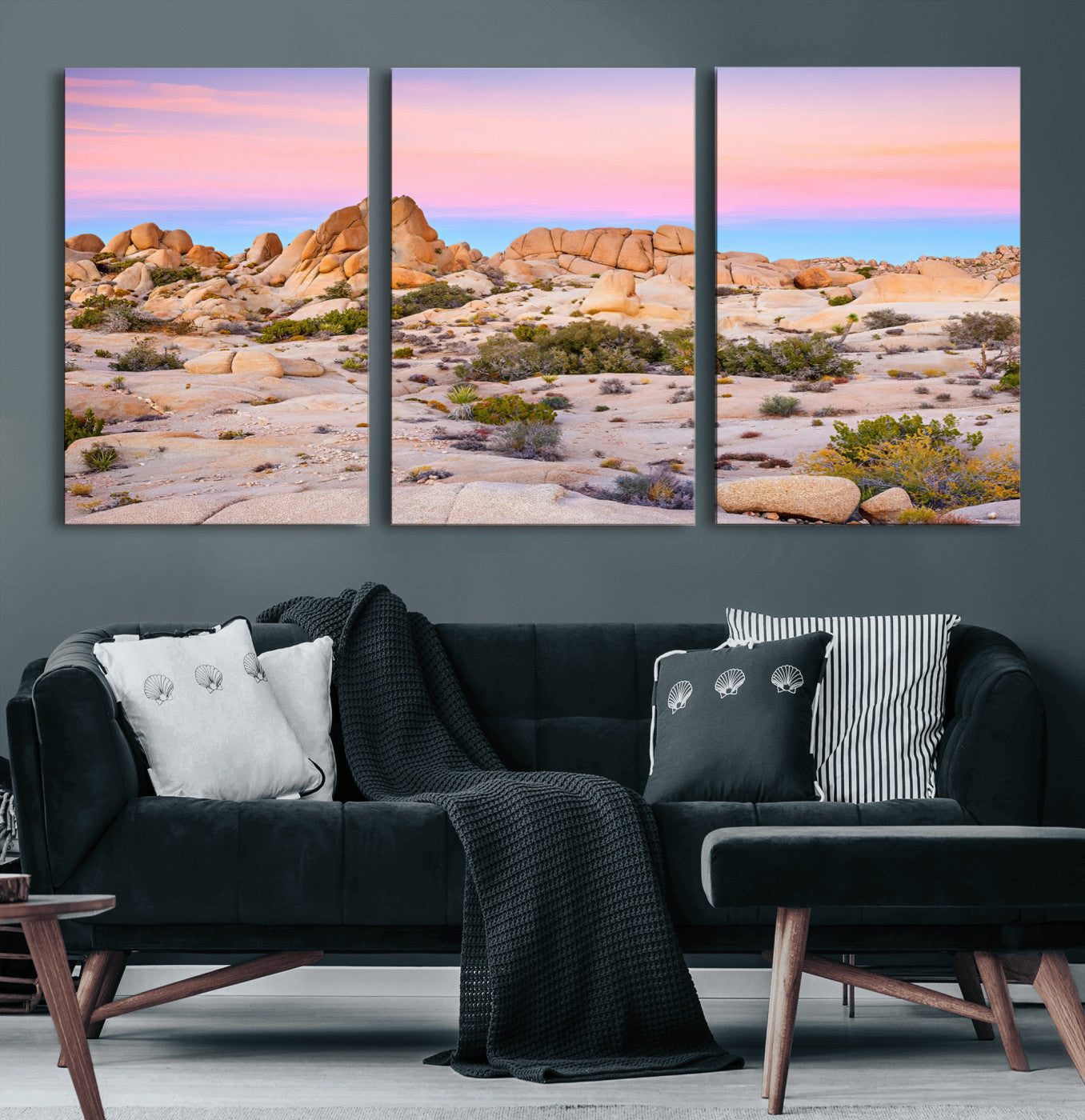 A breathtaking desert landscape featuring rugged rock formations under a vibrant pastel sunset sky, capturing the warmth and serenity of a Southwestern wilderness.