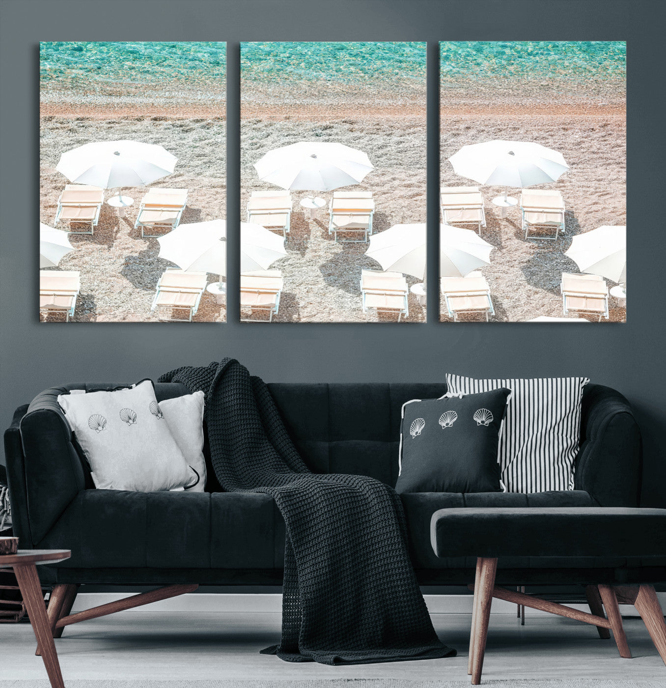A bright beach scene with white umbrellas, pastel sand, and turquoise waters, creating a tranquil coastal vibe, perfect for beach house or summer decor.